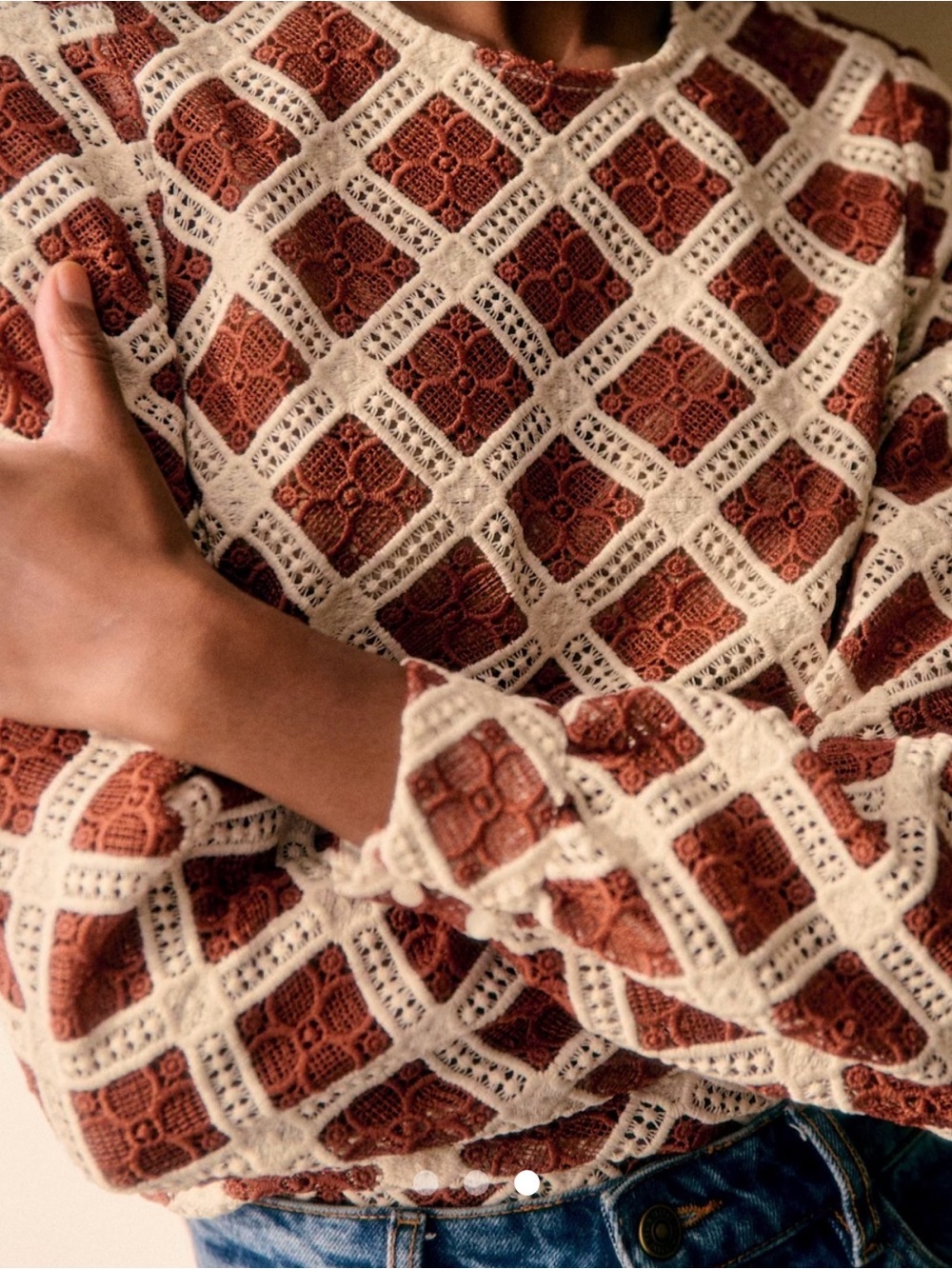 NWT Sezane Cream and Rust Crochet Blouse